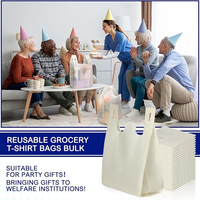 Windyun Large Grocery T-shirt Bags Bulk Reusable Non Woven Shopping Bag Foldable Gift Tote with Handle, 21x11x6 Inch