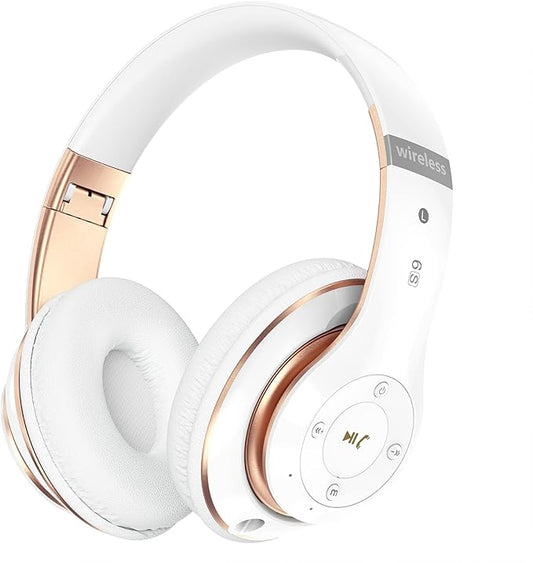 Bluetooth Headphones Over Ear, 6S Foldable Wireless Headphones with 6 EQ Modes, 40 Hours Playtime HiFi Stereo Headset with Mic, Soft Ear Pads, TF/FM for Cellphone/PC/Home (White & Gold)