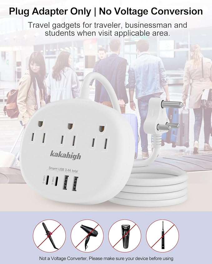 South Africa Plug Adapter, Type M Adapter for South Africa with 3 American Outlets 4 USB Ports (2 USB-C) Total 24W, Type M Plug Adapter for USA to South Africa Botswana Namibia Nepal Bhutan