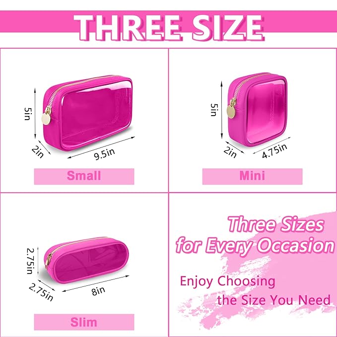 Clear Small Pencil Pouch Makeup Bag for Purse,Nylon&PVC Pencil Case Waterproof Makeup Brush Holder with Zipper,Preppy Transparent Pen Bag Travel Cosmetic Bag for Women Office(Slim-Hot Pink)