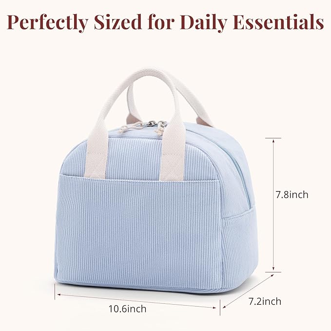 Insulated Cloud Blue Lunch Bag for Women, Stylish Corduroy Tote with Aluminum Lining, Large Capacity Reusable Cooler for Work, Travel, Beach or Picnic, Cloud Blue Water-Resistant Lunch Box