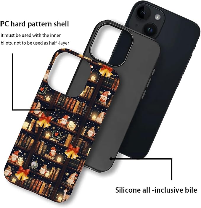 DAIZAG Case Compatible with for iPhone 14,Christmas Santa Claus Bookshelf Bells Phone Case for iPhone 14 for Girl Women Boy Men