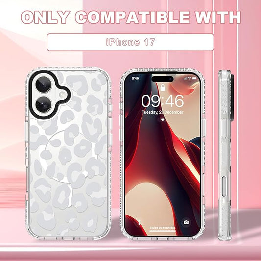 ZIYE Clear Case for iPhone 17 Compatible with Magsafe, White Leopard Design Shockproof Soft TPU Bumper Hard PC Protective for Women Girls Magnetic Cover