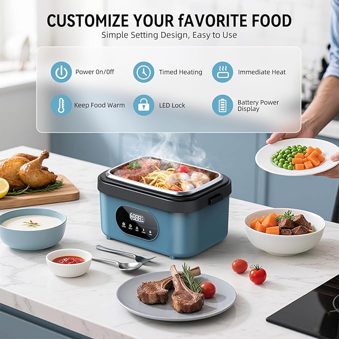 Cordless Electric Lunch Box for Adults, Rechargeable Portable Self-Heating Lunch Box Food Warmer, 1.5L Container for Outdoor, Work, Office, Camping, Travel(Blue＆Black)