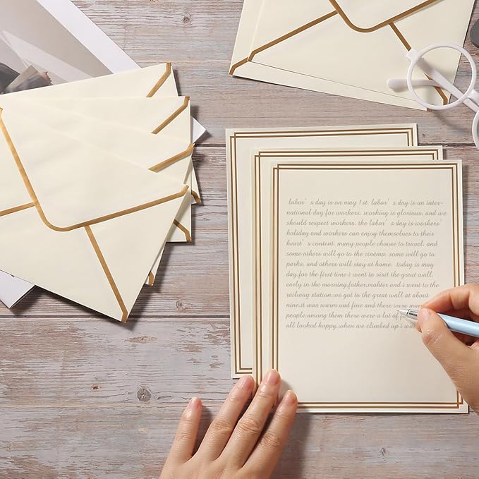 50 Pack Stationery Set with Gold Border, A6 Envelopes and 6x8 Paper Sheets and Stickers for Writing Letters (Cream Color, 6x8 Inches)
