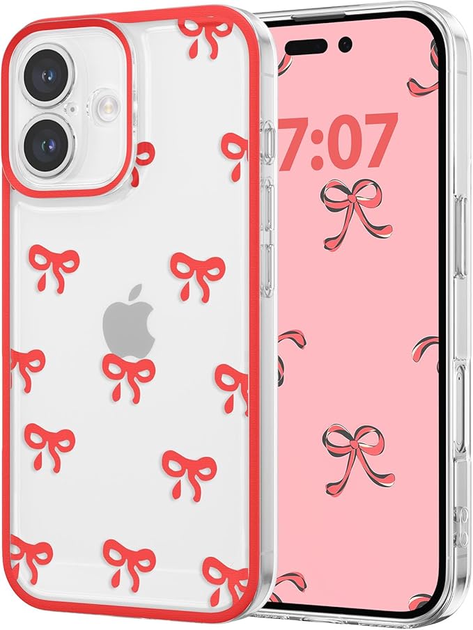 EYZUTAK Case for iPhone 16, Clear Cute Ribbon Bowknot Pattern Aesthetic Transparent Phone Case Raised Camera Protection Stylish Slim Soft Durable TPU Protective Cover for Women Girls - Red