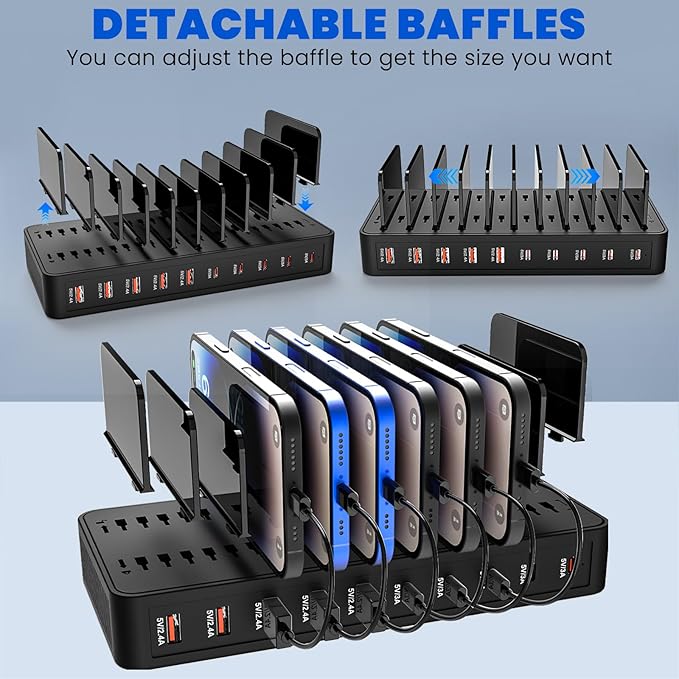 Charging Station for Multiple Devices, 100W 10 Ports Flat Plug Charging Dock with 10 Cables Smart IC Tech and Adjustable Dividers Type-C，Multi USB Charger for iPhone Galaxy iPad Tablet，Black