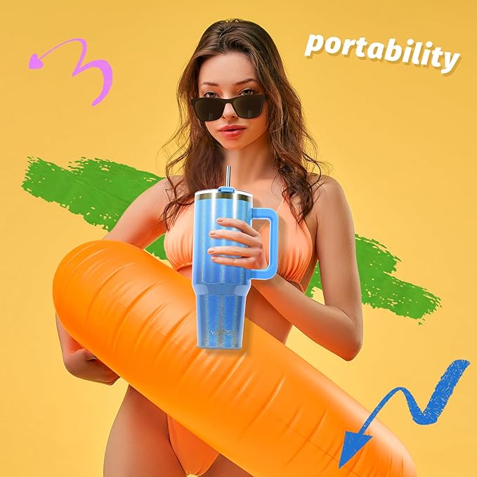 40 oz Shiny Tumbler with Handle and Straw,Stainless Steel Tumbler with Lid and Straw,Insulated Travel Mug(Cold for 34 Hours),Water Bottle for Iced Tea,Coffee (Blue)