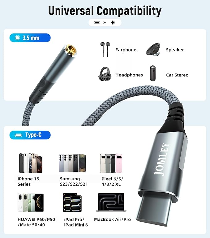 USB C to 3.5mm Headphone Jack Adapter 20cm, USB Type C to 3.5mm AUX Female Audio Dongle Cable Cord Compatible with iPhone 16/15 Pro Max, Samsung S24/S23/S22, iPad Pro, Pixel, MacBook