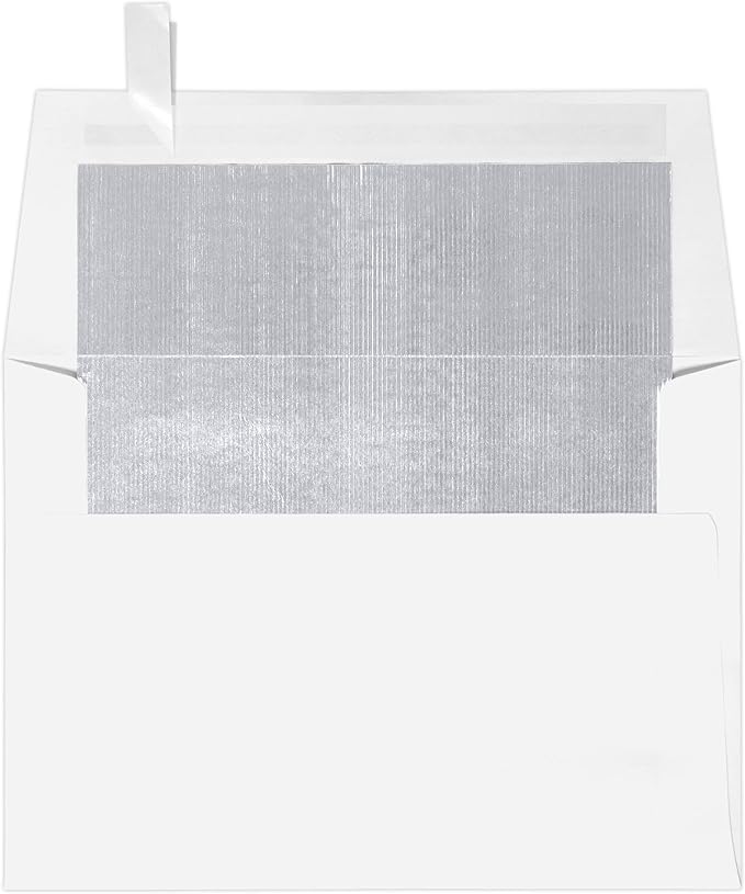 LUXPaper A6 Foil Lined Invitation Envelopes | Peel & Press | 4 3/4" x 6 1/2" | White w/Silver LUX Lining | 60lb. Text | 50 Qty
