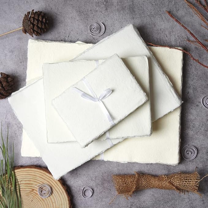 50 Sheets - Rough/Textured Watercolor Paper - 9.5 X 12.5 inches(150GSM) - Handmade/Deckle Edge Paper Made from Virgin Egyptian Cotton - Off-White by Leather Village