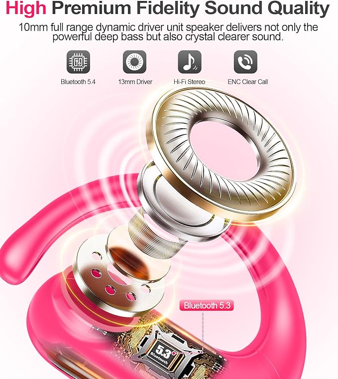 MOZOTER Wireless Earbuds Bluetooth 5.3 Headphones Sport,Over Ear Buds with Deep Bass Sound,60Hrs Playtime Earphones Redesigned Comfort Fit with Earhooks for Running,Meeting,Workout-Pink