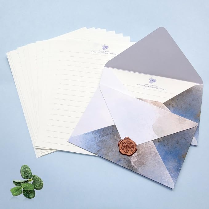 Tuhangcc Stationary Paper Set Minimalism - Hand Blended Colors,12 Envelopes (4x6 in) & 24 Lined Paper for Wedding Love Letters, Invitations, Anniversaries (Lake Blue - Grey)