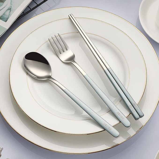 DEVICO Portable Travel Utensils with Case, Reusable Camping Silverware for Lunch, 18/8 Stainless Steel Cutlery Set (Blue)