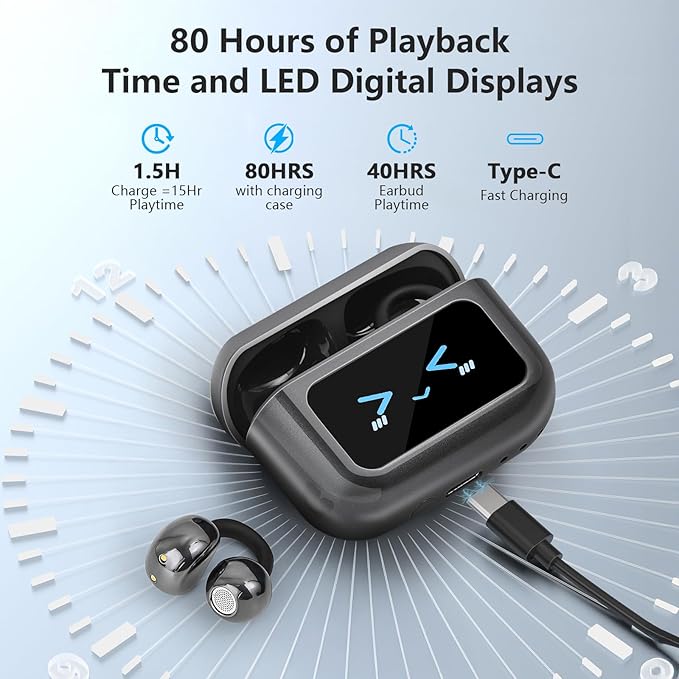 Open Ear Clip On Earbuds Intelligent Touch Color Screen Open Ear Wireless Bluetooth 5.4 Headphones Lightweight Comfort Sport Earbuds Built-in Mic IPX7 Waterproof Earphones for Running Fitness(Black)