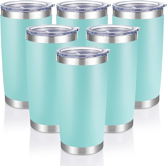 20 oz Tumblers Bulk Stainless Steel Tumbler with Lid Double Wall Vacuum Insulated Coffee Mug 20oz Powder Coated Cup for Hot and Cold Drinks, Turquoise, 6 pack