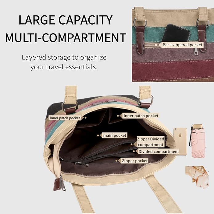 Striped Canvas Tote Bag - Multi-Color Crossbody Shoulder Purse Tote-Handbag for Women