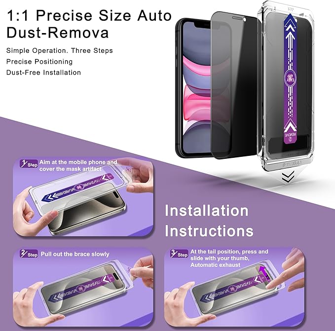 CHISHA 2-Pack Privacy Screen Protector for iPhone 11 and iPhon XR 6.1-Inch, Auto Dust Removal, No Bubbles,Anti-Spy Tempered Glass Film, Easy Installation
