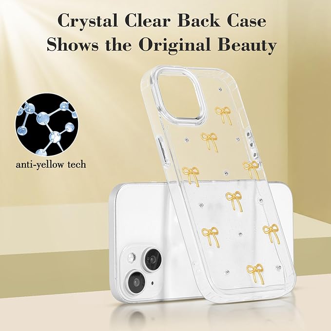 EYZUTAK Case for iPhone 14 Plus, Bling Glitter 3D Bowknot Phone Case Cute Sparkly Crystal Clear Bow Aesthetic Design Case Slim Soft Durable TPU Transparent Protective Cover for Women Girls - Gold Bow