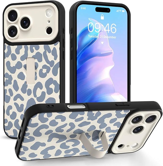 Compatible with iPhone 17 Pro Max Case with Finger Hand Strap Kickstand, Trendy Cool Leopard Cheetah Print Phone Case for Women Men, Full Camera Protection Shockproof Protective Cover, White