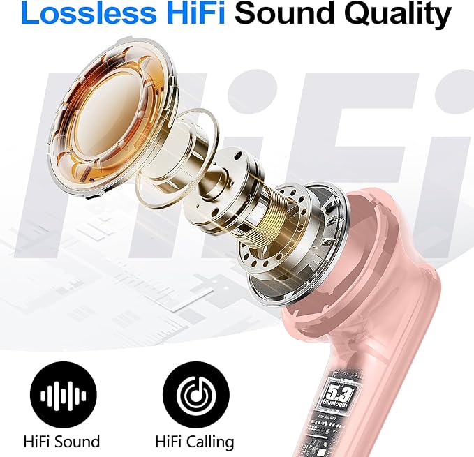 kurdene Wireless Earbuds Bluetooth 5.4 Headphones 60H Playtime Deep Bass Stereo Ear Buds with Mic Comfort Lightweight in Ear Earphones for Workout/Running Pink