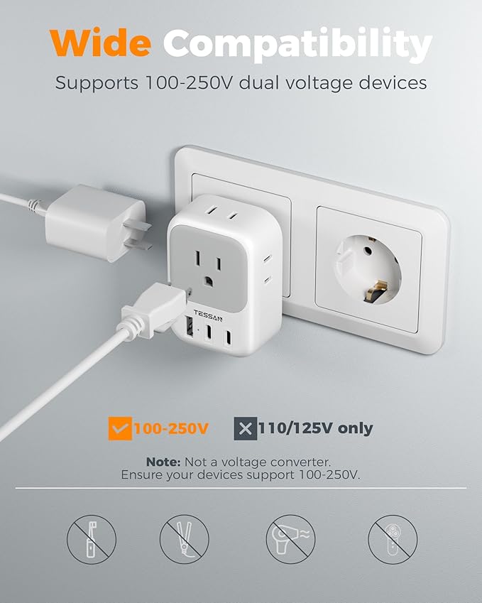 TESSAN 2 Pack Type E F Plug Adapter (2 USB-C), France Spain South Korea Power Adapter with 4 Outlets 3 USB, European Travel Adaptor for US to Germany Iceland Greece Portugal