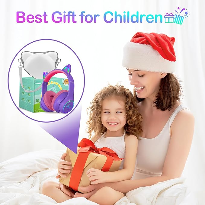 LOBKIN Bluetooth 5.4 Kids Headphones with Case - RGB LED Light Up Cat Ears Foldable Adjustable Over Ear Headphone Support Wireless or 3.5mm Wired Mode for Toddler & Girls & Boys Teens