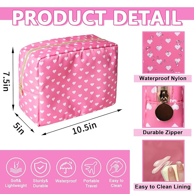 Large Makeup Bag Pouch, Nylon Women Travel Toiletry Storage Bag Preppy Cosmetic Bag for Girls, Big Makeup Organizer Bag Cute Zipper Pouch Skincare Bag for Sport School Work Gift(Large-Pink Heart)