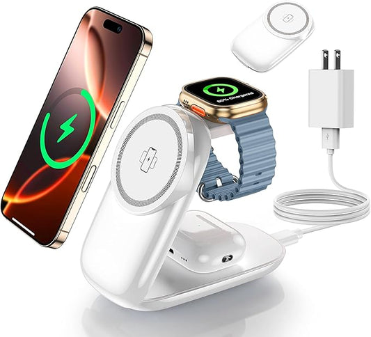 3 in 1 Magnetic Foldable Wireless Charger，for MagSafe Wireless Charging Station for iPhone 16/15/14/13/12 Series/Apple Watch/AirPods Series, Travel Charging Stand for Wireless-Charging Smartphones