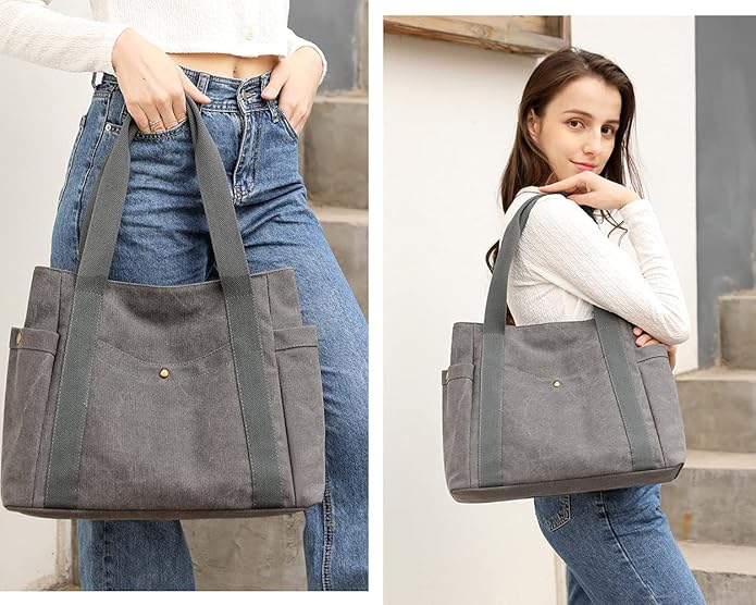 Women's Canvas Tote Handbags Multi-pocket Retro Casual Shoulder Bag Top Handle Satchel Tote Purse