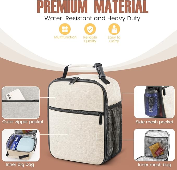 Lunch Bag for Men/Women, Reusable Lunchbox for Adult, Small Insulated Lunch box, Lunch Tote Bag for Office, Work, Picnic - Beige White