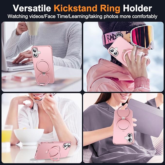 Compatible with iPhone 16 Plus Case with Invisible Magnetic O-Ring Stand Military-Grade Case for iPhone 16 Plus 6.7" [Compatible with Mag-Safe][Great Grip Feeling], Rose Gold