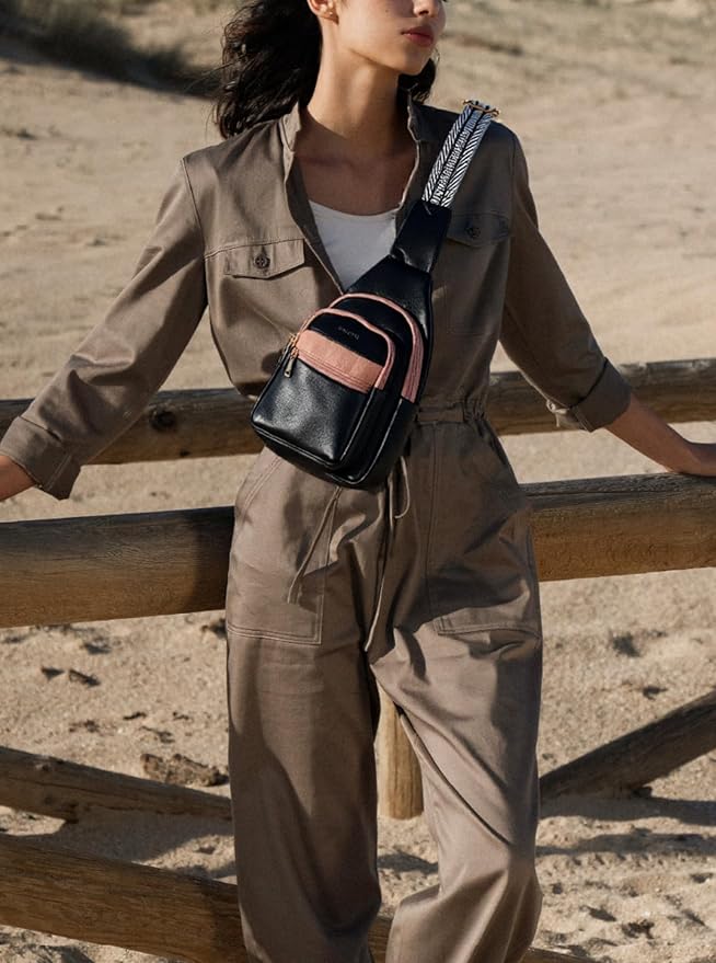 Sling Bag for Women Vegan Leather Fanny Pack Small Crossbody Purse Anti Theft Chest Bag for Travel Black & Brown