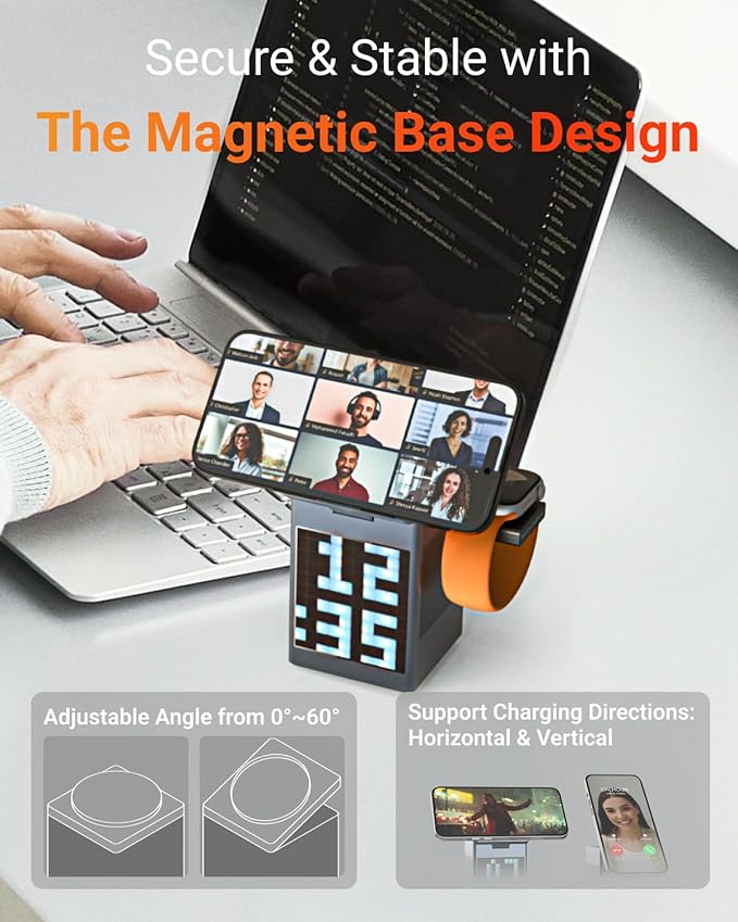 M.A.D LAB 15W Fast Charging Station - Pixel Animation Display Alarm Clock with Bluetooth Speaker, iPhone Charging Station for Apple Watch, AirPods, AirPods Pro 2 and Android Phones - Black Color