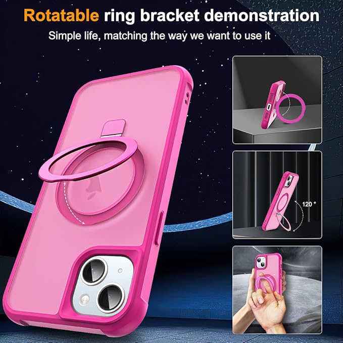 Compatible with iPhone 15 Case with Invisible Magnetic O-Ring Stand Military-Grade Translucent Case for iPhone 15 6.1" [Compatible with Mag-Safe][Great Grip Feeling], Rose