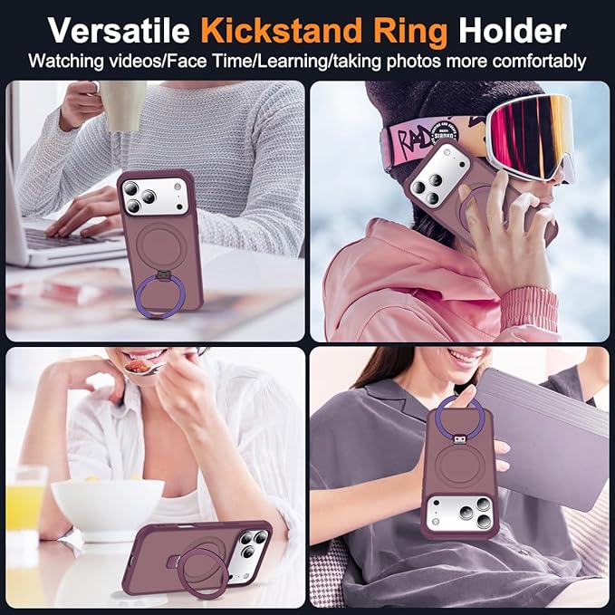 Compatible with iPhone 17 Pro Case with Invisible Magnetic O-Ring Stand Military-Grade Translucent Phone Case for iPhone 17 Pro 6.3" [Compatible with Mag-Safe][Great Grip Feeling], Wine Red