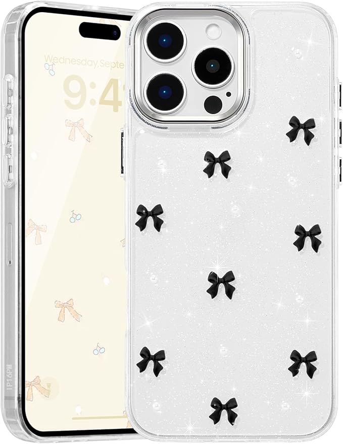 EYZUTAK Case for iPhone 16 Pro Max, Bling Glitter 3D Bowknot Phone Case Cute Sparkly Crystal Clear Bow Aesthetic Design Case Slim Soft Durable TPU Transparent Protective Cover for Women Girl-Black Bow