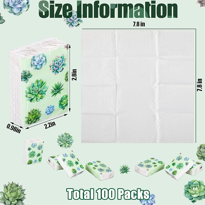 100 Pack Facial Tissue Mini Paper Pocket Tissues Small Size Travel Tissue Packs for Wedding Party Favors Graduation Celebration, 3 Ply, 2.8 x 2.2 In(Succulent)