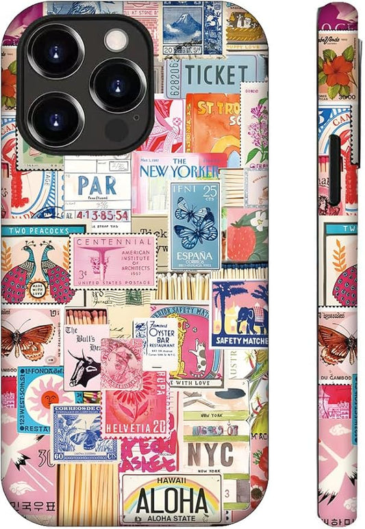 Generic Case Compatible with iPhone 12/12 Pro,Vintage Stamps Collage Phone Case for Girl Women,Durable Protection Case
