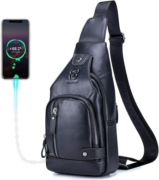 BULLCAPTAIN Men Sling Crossbody Bag with USB Charging Port Genuine Leather Shoulder Chest Bag Travel Hiking Backpack (Black)