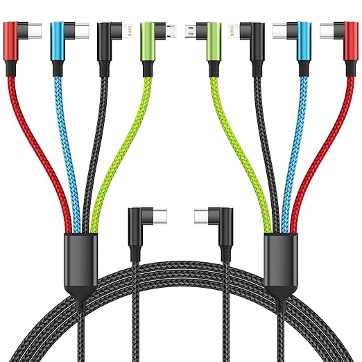 Travel Essentials USB C Multi Charging Cable 2Pack 5FT, Right Angle 4 in 1 Charging Cable, USB Cable Phone Charger with IP/Type C/Type C/Micro Port, Compatible with Most Cell Phones/Tablets and More