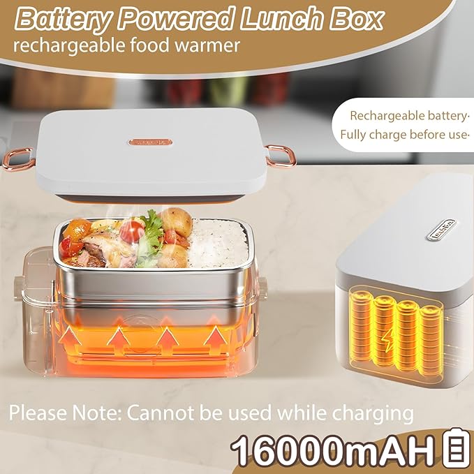 Cordless Electric Lunch Box, 1L Self heating lunch box Battery Powered with Automatic Heating, 16000mAH Rechargeable Battery Provid Rapid Heating, Designed for Car, Office, Travel, Picnic & outdoor