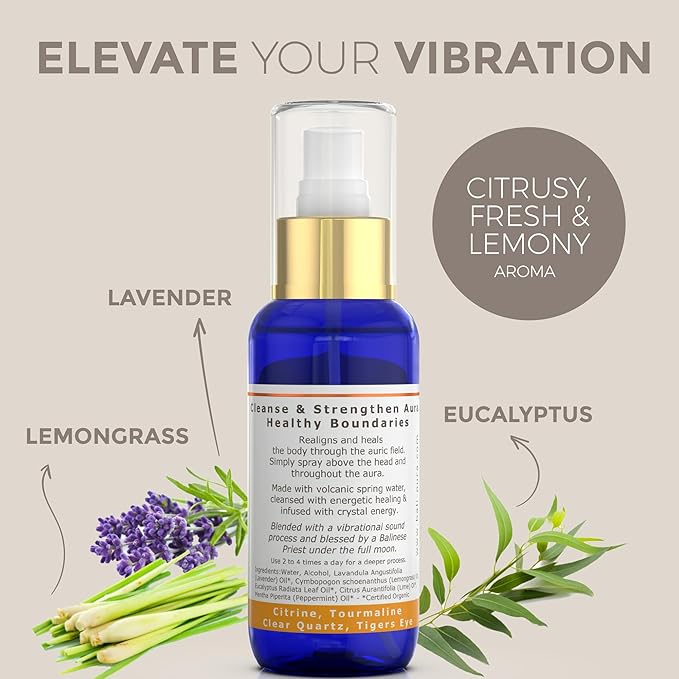BALIPURA - Protection Crystal Aura Spray - Lavender and Lemongrass Essential Oil Blend, Black Tourmaline, Smoky Quartz and Citrine - 3.4 fl.oz