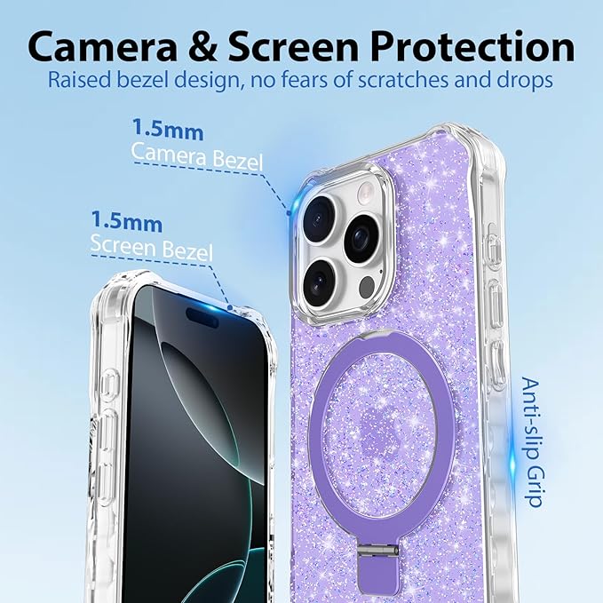 Magnetic for iPhone 16 Pro Case with Invisible Stand, Compatible with MagSafe, Clear Bling Sparkle Shockproof Slim Anti-Slip Military Drop Protection Hard Phone Case 6.1" Glitter Purple