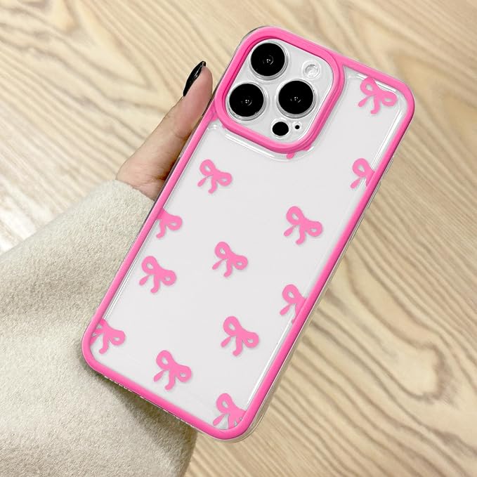 EYZUTAK Case for iPhone 15 Pro Max, Clear Cute Ribbon Bowknot Pattern Aesthetic Transparent Phone Case Raised Camera Protection Stylish Slim Soft Durable TPU Protective Cover for Women Girls -Rose Red