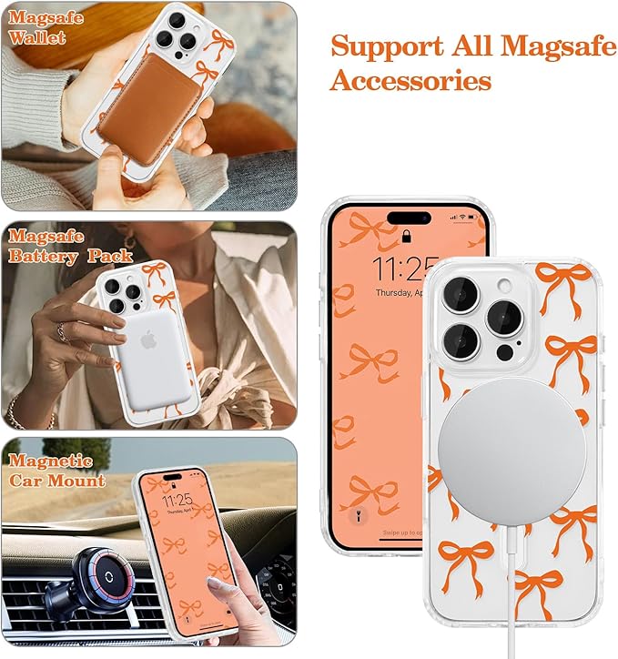 UEEBAI Magnetic for iPhone 16 Pro Case, Bow Case Compatible with MagSafe, Wireless Slim Clear Ribbon Aesthetic Phone Cover Anti-Yellowing Shockproof Protective Cover for Women Girl - Orange