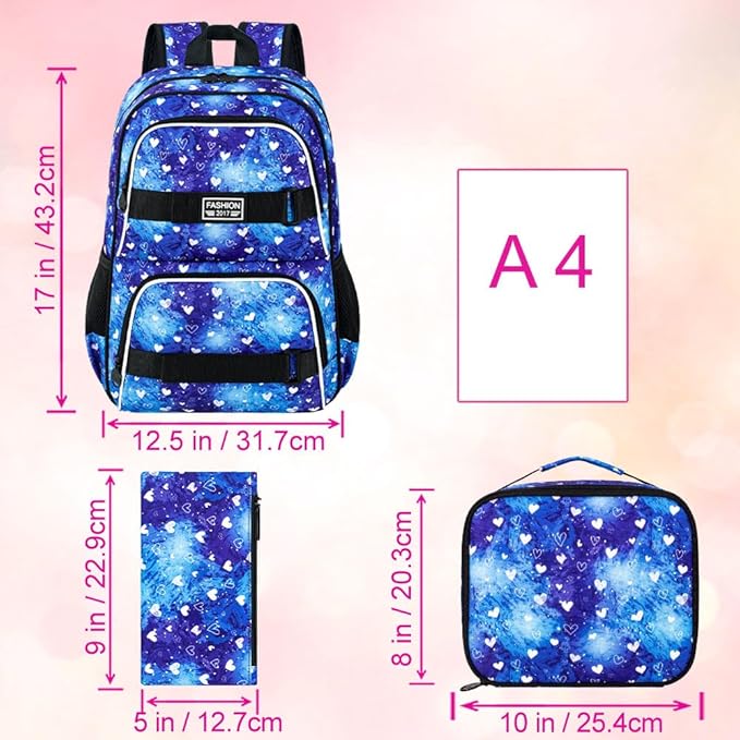 17 Inches Girls Backpack, 3Pcs Love Laptop Backpacks with Lunch Bag, Water Resistant College School Bookbag Set for Teens Students(Blue)