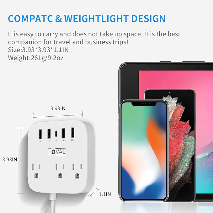 European Travel Plug Adapter, FOVAL EU UK US Power Strip with USB C and 4 USB Ports, 3 AC Outlets, Wall Mountable, 5ft Extension Cord, Compact for Travel, Cruise Ship, Home Office (White)