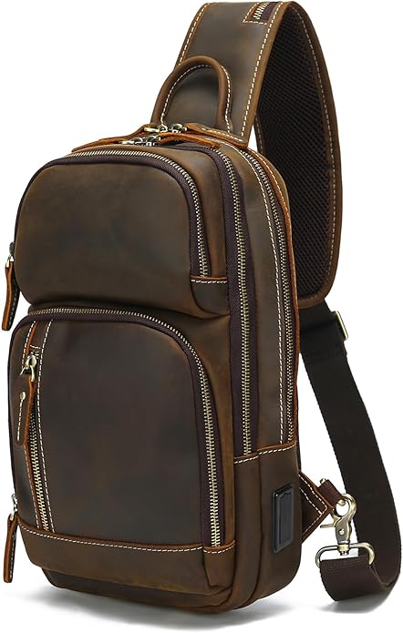 LANNSYNE Full Grain Leather Sling Bag For Men Crossbody Chest Daypack fits 10.5" iPad