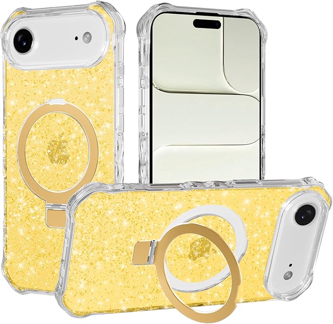 Magnetic for iPhone Air Case with Invisible Stand, Compatible with MagSafe, Clear Bling Sparkle Shockproof Slim Anti-Slip Military Drop Protection Hard Phone Case 6.5" Glitter Gold